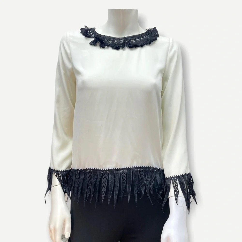 Jeff GALLANO‎ ivory blouse with feather fringe trim